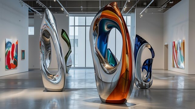 Abstract Sculptures are displayed in a modern art gallery, their reflective surfaces adding a dynamic quality to the space.