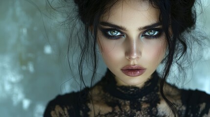 a medium shot portrait of a gothic woman with dark makeup and a black lace dress symbolizing boldness and nonconformity ideal for alternative fashion brands or products that embrace individuality