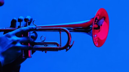 Fototapeta premium a medium shot portrait of a jazz musician playing a trumpet in a dimly lit club symbolizing passion and creativity perfect for brands associated with music artistry or products that inspire creativity