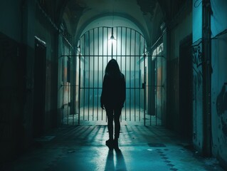 A mysterious figure stands in a dimly lit corridor, casting shadows in an eerie atmosphere filled with suspense and intrigue.