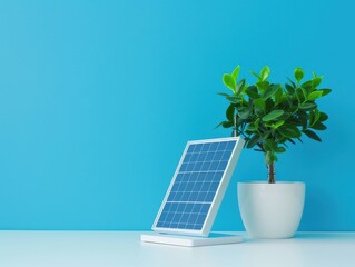 A modern solar panel beside a vibrant green plant on a minimalist desk against a bright blue background, symbolizing sustainability.