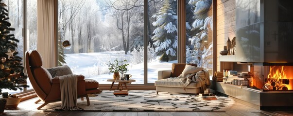 A cozy winter living room featuring a warm fireplace, soft furniture, and a snowy landscape visible...