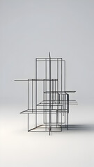 A minimalist 3D rendering of a wireframe structure composed of lines and planes, set against a neutral background, emphasizing simplicity and elegance.
