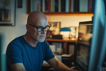 Fototapeta premium Focused man working late at night on his computer in a home office environment, symbolizing concentration and productivity.
