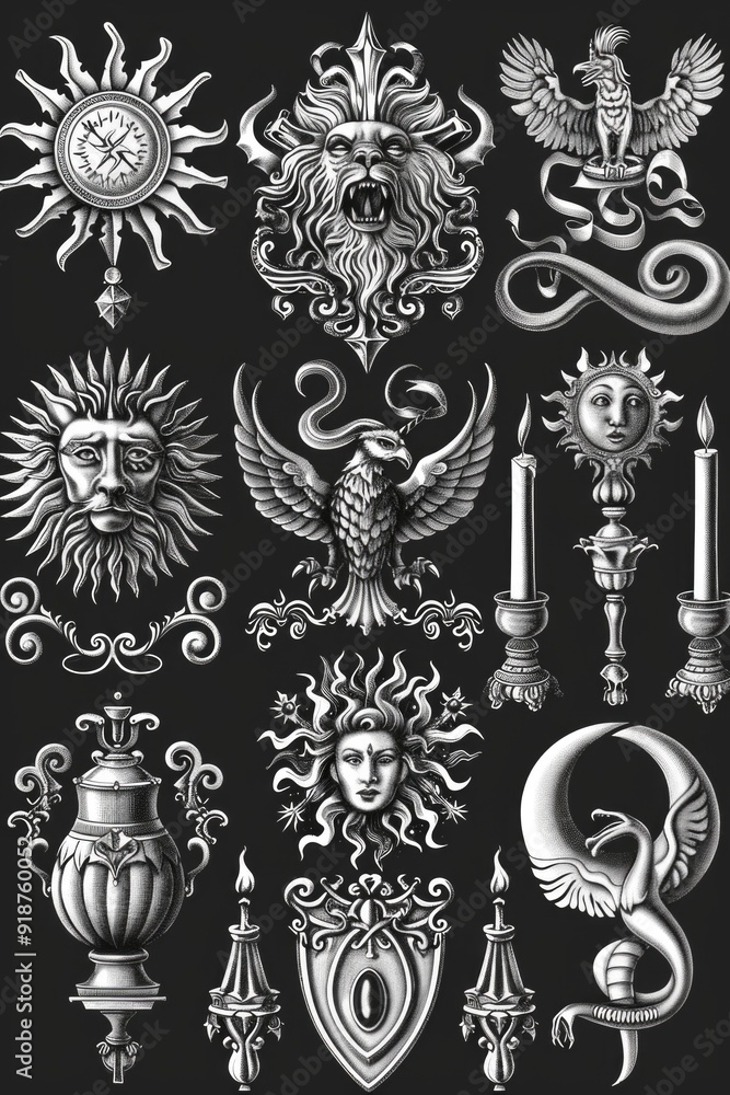 Poster a collection of unique design elements against a dark background, suitable for use in branding and m