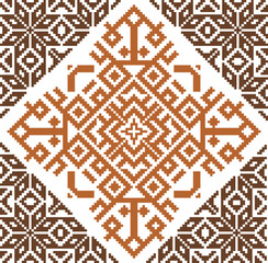 Pixelated Brown and Orange Geometric Pattern on White
