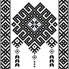 A black and white geometric pattern featuring intricate diamond shapes, pixel art details, and subtle blue accents, creating a balanced and symmetrical design.

