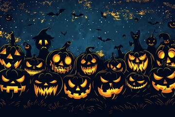 A collection of Halloween pumpkins with various scary expressions