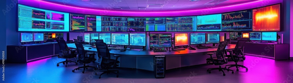 Poster a modern control room with multiple screens and vibrant lighting, designed for data analysis and mon