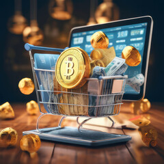 The image can be named Festive Shopping Cart with Gifts and Money It shows a shopping cart filled with Christmas presents and money, set in a cheerful holiday atmosphere