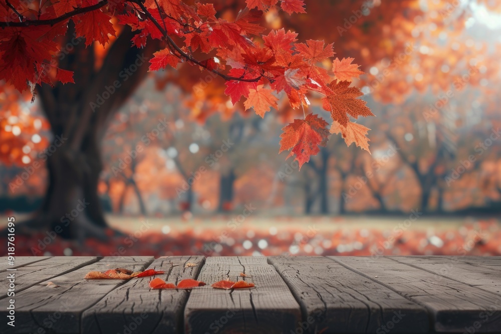 Poster a simple wooden table with falling leaves in front of a tall tree