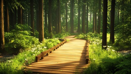 Fototapeta premium A peaceful wooden walkway through a lush green forest, surrounded by trees and vibrant plants, inviting nature exploration.