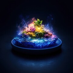 A small island with glowing flowers and plants on a dark blue background.