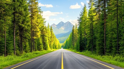 Fototapeta premium A scenic road surrounded by lush trees and stunning mountains under a clear blue sky, perfect for nature lovers and travelers.