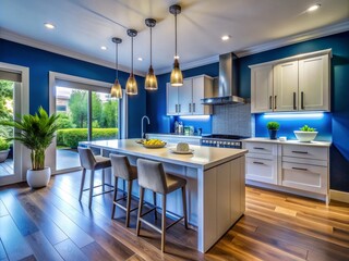 Stylish kitchen interior with blue walls and modern decor, professionally staged and photographed for real estate listing, showcasing a beautiful home for sale.
