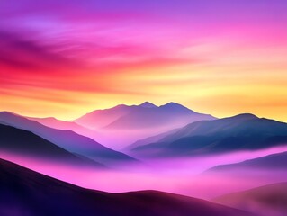 Fototapeta premium A stunning sunset over rolling mountains, showcasing vibrant colors and soft mist, perfect for nature and landscape themes.