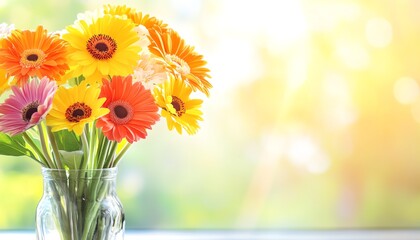 Bright and cheerful bouquet of gerbera daisies in a glass vase, perfect for decorating homes or events with a touch of nature.