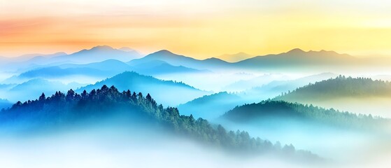 Obraz premium Breathtaking view of misty mountains at sunrise, with soft hues of blue and orange blending together in a serene landscape.