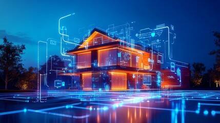 Futuristic smart home concept with glowing digital elements and technology integration, depicting innovation in residential design.