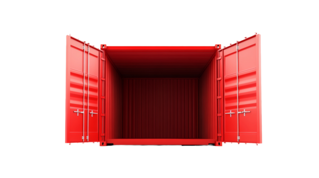 Cargo container open with door on transparent background. empty freight container for shipping and delivery concept.
