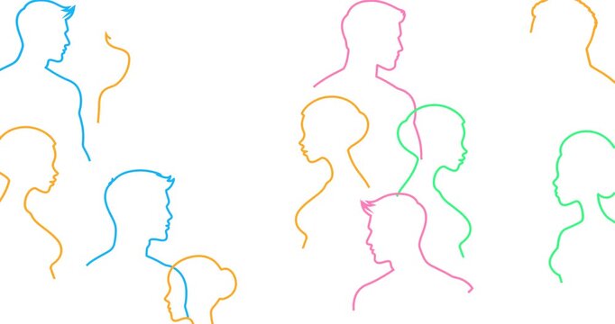 People silhouettes. Thin line draw. Diverse crowd. Community, society, different personalities and cultures make population. Multicultural, international rights concept. Right to be different.