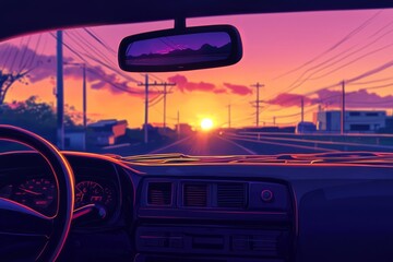 Rearview mirror reflecting the sunset. Soft light on the dashboard, cozy vibe, Generative AI