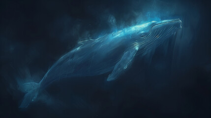 Fototapeta premium Ethereal Blue Whale Gliding in Deep Ocean..