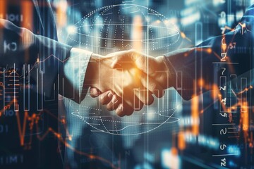Businessmen handshake with financial graphs and global network hologram, representing a business agreement and stock market trading concept.