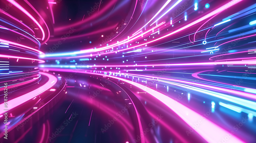 Poster futuristic neon light trails in a digital abstract background with dynamic motion and vibrant colors