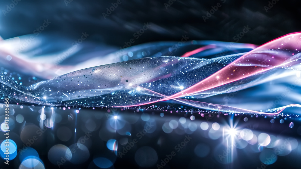 Poster abstract digital art with colorful light waves and sparkling particles on a dark background