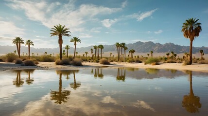 Obraz premium Desert Oasis with Palm Trees and Still Water