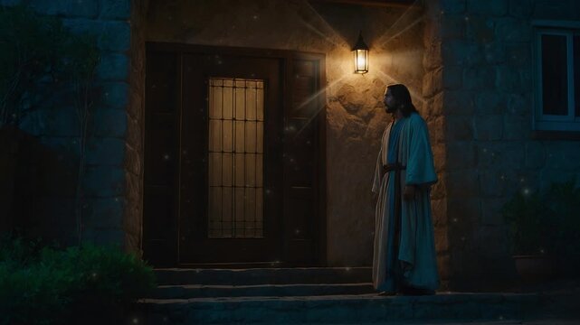 Jesus Christ is waiting in front of the house, christian background, motion loop