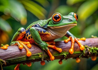 Obraz premium Vibrant green Northern orange-legged leaf frog with distinctive tiger-like legs perches on a lush branch, its large eyes and sticky pads in sharp focus.