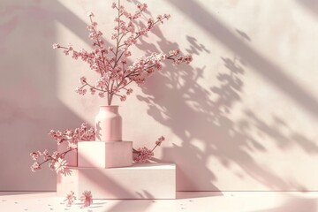 3D rendering of pink flowers in a vase on display podium with soft shadows and cherry blossom branch silhouettes, minimalist spring product presentation.