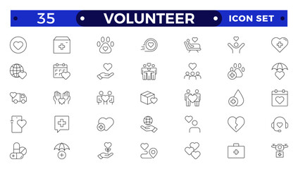  Volunteer icon set. Charity and Volunteering thin line style of philanthropic icons: almsgiving, helping those in need, donation, contribution, humanism, altruism