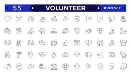  Volunteer icon set. Charity and Volunteering thin line style of philanthropic icons: almsgiving, helping those in need, donation, contribution, humanism, altruism