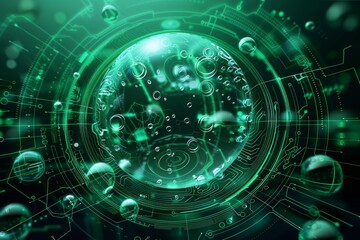 Obraz premium Futuristic 3D rendering with a green circular background featuring technological elements and liquid bubbles in a dark blue-green color scheme, showcasing electronic circuits and detailed tech imagery
