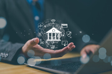 Digital Banking and Financial Technology Concept. A person presents digital banking and financial...