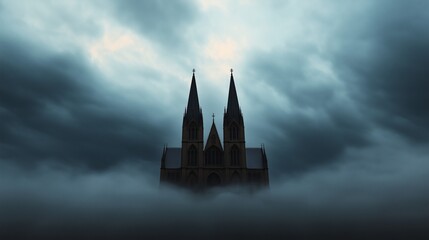 Fototapeta premium Gothic Majesty: A solitary church emerges from a sea of fog, its spires piercing the stormy sky in a symphony of eerie beauty and haunting grandeur. 