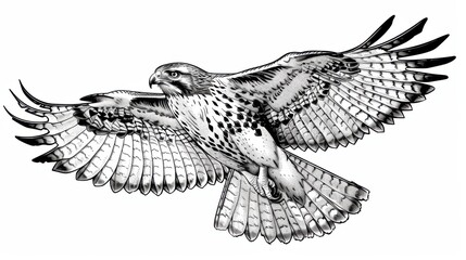 Black and white Vintage engraved art of a hawk in flight, isolated on white background, ink sketch illustration, simple vector art design, highly detailed line art, high contrasty 