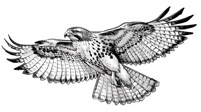 recommend clip art: Black and white Vintage engraved art of a hawk in flight, isolated on white background, ink sketch illustration, simple vector art design, highly detailed line art, high contrasty 