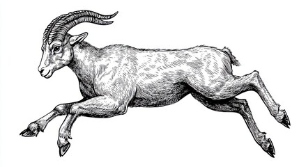Fototapeta premium Black and white Vintage engraved art of a mountain goat leaping sideways, isolated on white background, ink sketch illustration, simple vector art design, highly detailed line art