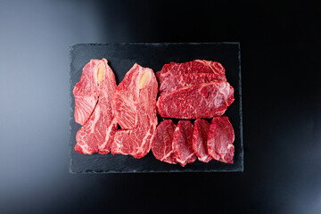 Sliced ​​beef on a black background