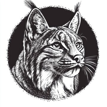 recommend clip art: Black and white Vintage engraved art of a northern lynx in a circular stamp logo style, isolated on white background, ink sketch illustration, simple vector art design, highly detailed line art