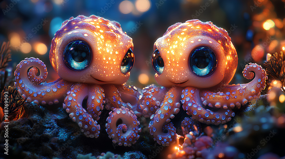 Canvas Prints illustration of two cute colorful baby octopuses cheerfully on a sea background