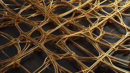 A complex 3D rendering depicting a network of lines and planes in luxurious gold, with intersecting paths and glowing accents representing the interconnectedness of wealth and success.
