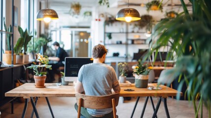 Creative Focus: A man sits at a wooden desk in a modern, plant-filled office space, engrossed in his work. The warm lighting and natural elements create a serene and inspiring atmosphere.  
