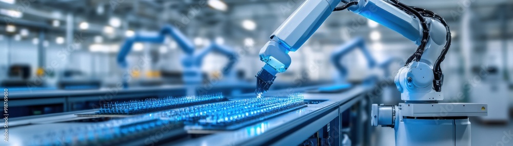 Poster advanced robotic arm in a modern factory setting, showcasing automation technology for manufacturing