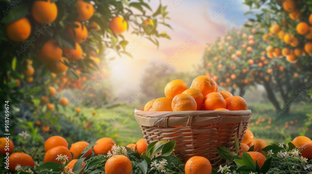 Poster a basket full of oranges is sitting on a table in front of a tree