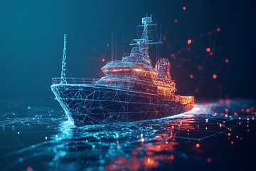 wireframe Research vessel blend geometric lines and shapes and glowing dots, with geometric lines 